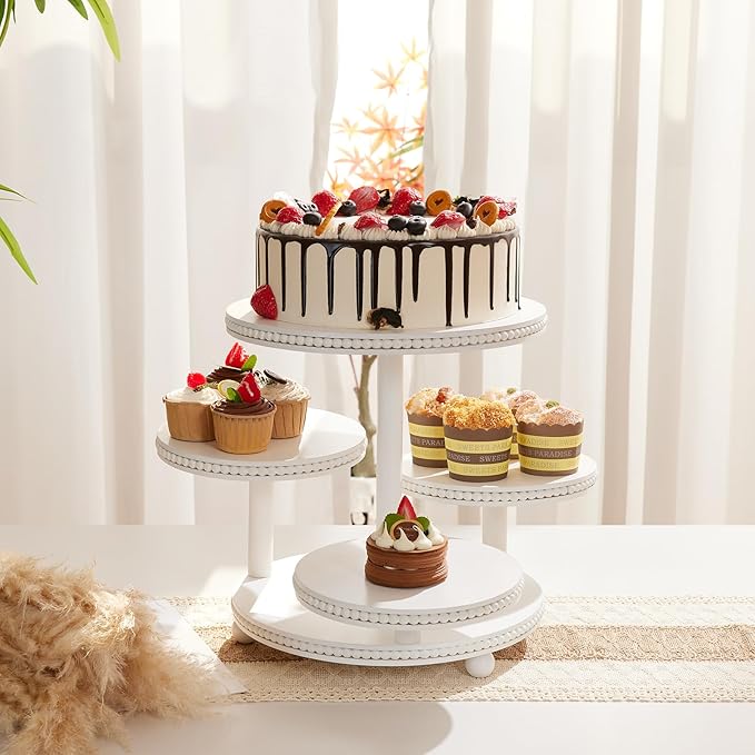 4 Tier Round Cupcake Tower Stand Beaded, Wood Cake Stand with Tiered Tray Decor for 50 Cupcakes/Baby Shower/Birthday/Wedding/Graduation