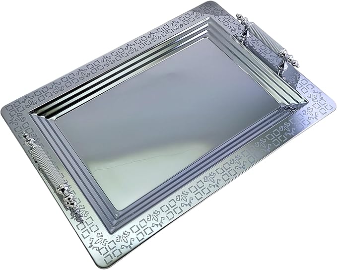 (Pack of 2) 17.9 inch x 12.9 inch Rectangular Chrome Plated Silver Serving Tray with Handles in Different Pattern Stylish Floral Engraved Decorative Party Dessert Platter Plate NC-070