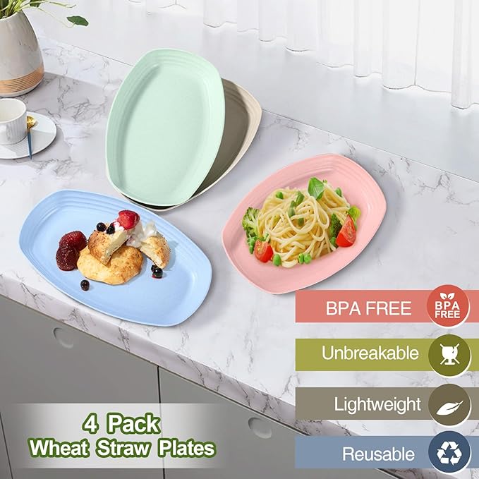 shopwithgreen Lightweight Wheat Straw Plates - 4 Pack 11.4'' Unbreakable Sturdy Plastic Dinner Plates, Dishwasher & Microwave Safe Plates Set, BPA Free, Non-Toxic