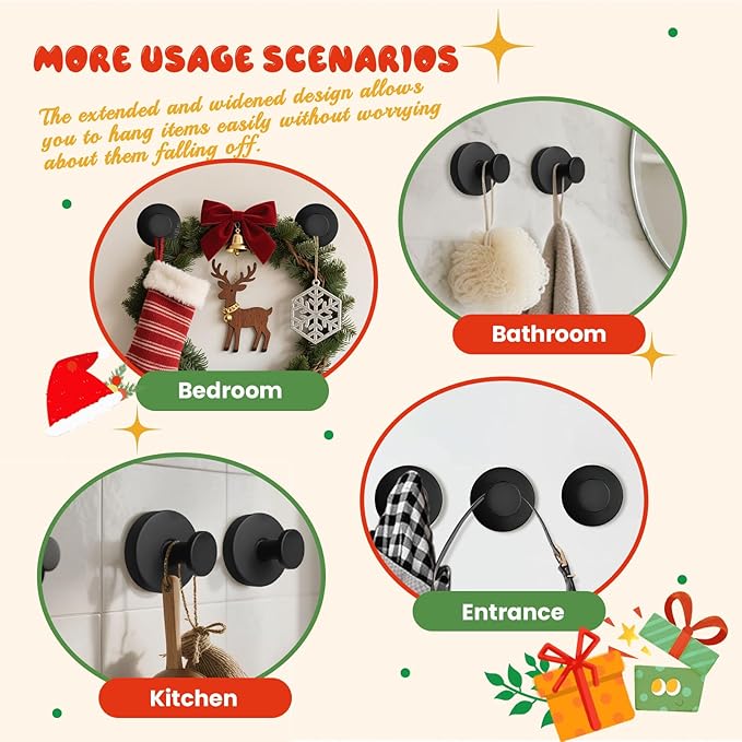 4Pcs Suction Cup Hooks, Suction Cup Hooks for Shower,Removable Towel Hooks for Bathroom Window Glass Door Wall, Bath Robe Looafh Wreath Hook for Hanging (Black)