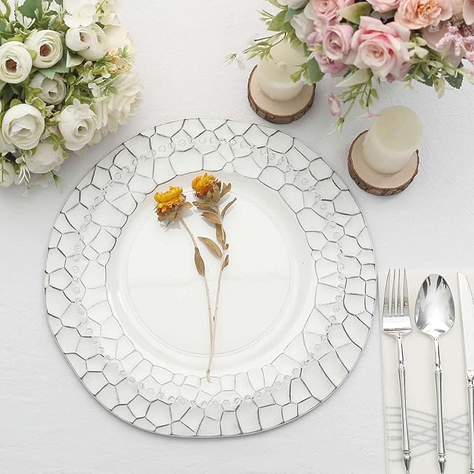 Efavormart 6 Pack | 13" Matte White Plastic Hammered Rim Dinner Charger Plates, Decorative Disposable Irregular Round Serving Plates