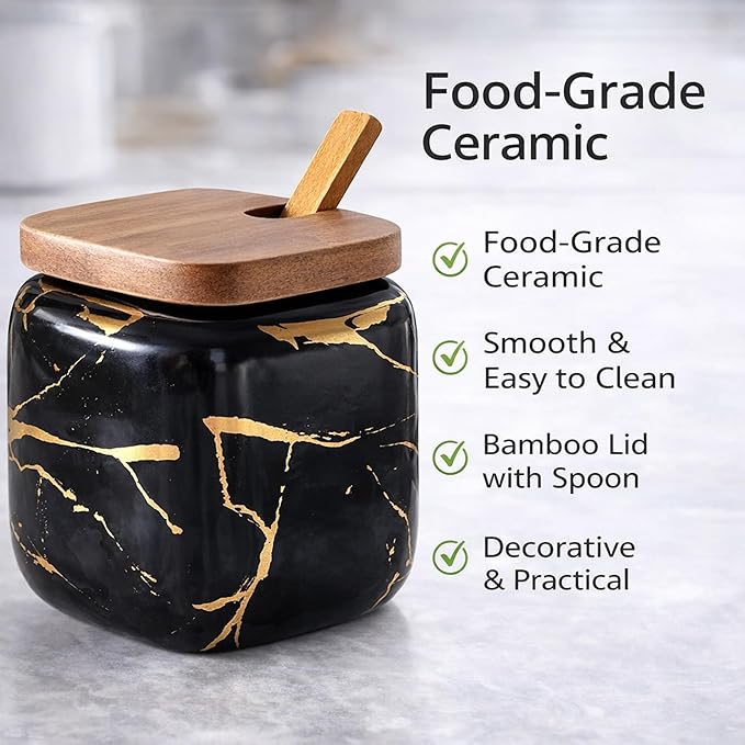 3 Pcs Porcelain Condiment Jar Pot Spice Container Ceramic Seasoning Jar with Lid Spoon and Tray Great for Home Kitchen Counter, Black