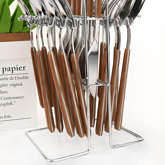 Silverware Set, 24 Piece Mirror Flatware Set With Stand, Stainless Steel Utensils With Wooden Handle, A Complete Cutlery Set For Most Families, Service For 6