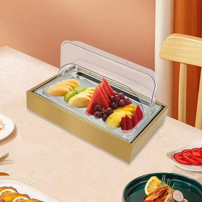 Ice Food Serving Tray, Stainless Steel Food Serving Container with Clear Roll Top Cover, Cold Buffet Platter Cooler Chiller, Food Display Plate for Seafood Fruit Desserts Party Catering