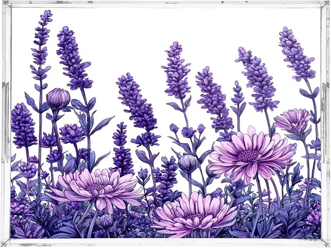 Serving Tray with Handles Clear Acrylic Tray 12x16 Inch Decorative Rectangular Tray Organizer for Ottoman Coffee Table Bathroom Purple Chrysanthemum and Lavender