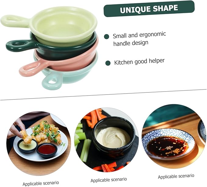 PRETYZOOM 4pcs Creative Ceramic Plates for Dipping Sauce Japanese Style Appetizer Bowls Cute Handle Design for Snacks Soy Sauce and Condiments Matte