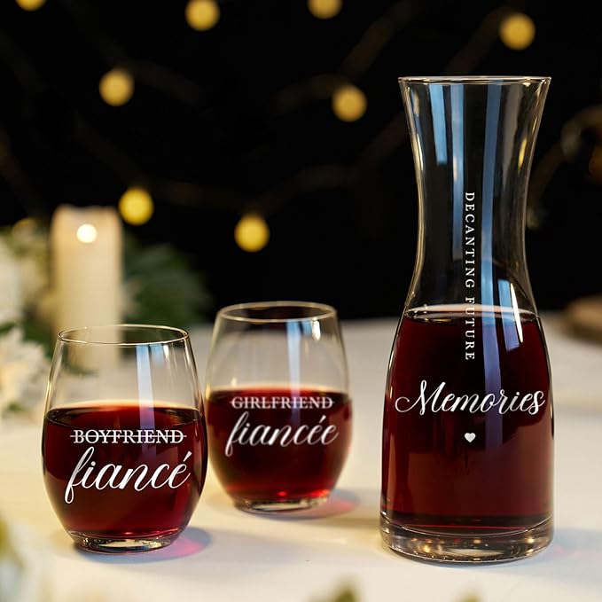 AW BRIDAL Engagement Gifts for Couples 2025 Wine Glasses Set, Fiance Gifts for Women and Newly Wed, Wedding Gift for Bride and Groom, Wine Decanter Set for Engagement Party and Proposal Decorations