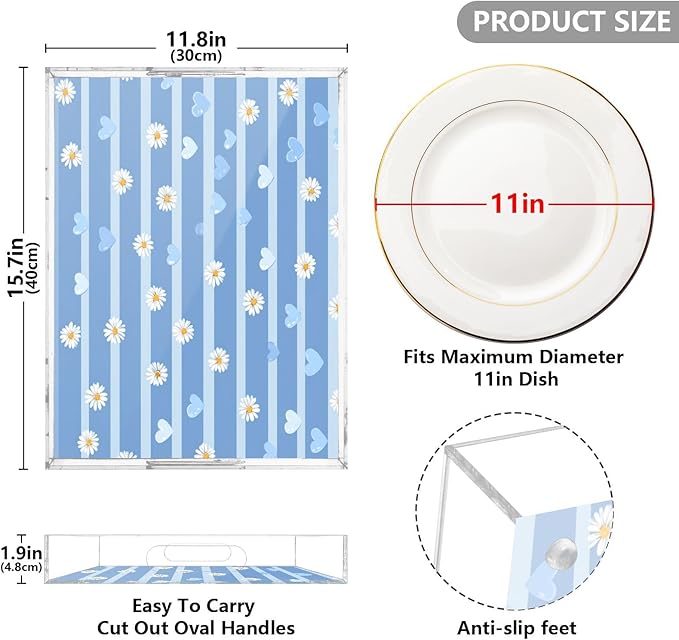 Serving Tray with Handles Clear Acrylic Tray 12x16 Inch Decorative Rectangular Tray Organizer for Ottoman Coffee Table Bathroom Blue Striped Hearts and Daisy