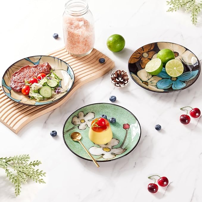Ceramic Salad Plates Set,8 in - Plates Set of 6 - For Steak,Salad, Pasta,Appetizer, Serving Etc - Dishwasher, Microwave, and Oven Safe, Scratch Resistant, Smooth Glaze (Multicolor A, 8 Inch)