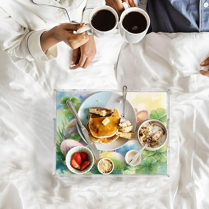 Serving Tray with Handles Clear Acrylic Tray 12x16 Inch Decorative Rectangular Tray Organizer for Ottoman Coffee Table Bathroom Watercolor Easter Bunny Clover