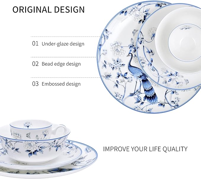 16 PCS Top-Grade Bone China Dinnerware Set for 4,Jingdezhen Blue and White Porcelain Kitchen Bowls Dinner Table Plates Coffee Cups