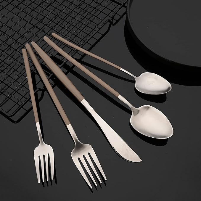 JASHII Slim Handle Silverware Set 20 Pieces, 304 Stainless Steel Colorful Flatware Set, Titanium Plating Cutlery Set, Utensil Sets for Home Dinner Service for 4, Dishwasher Safe - Brown&Silver