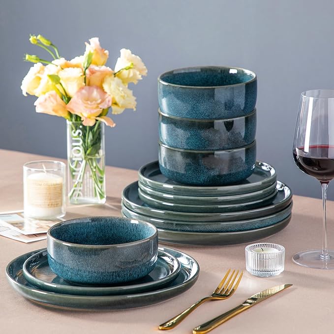 vancasso VEGA Plates and Bowls Sets, 12 Pieces Stoneware Dinnerware Sets Dishes Set Modern kitchen Dishware Sets Service for 4, Dishwasher and Microwave Safe, Blue