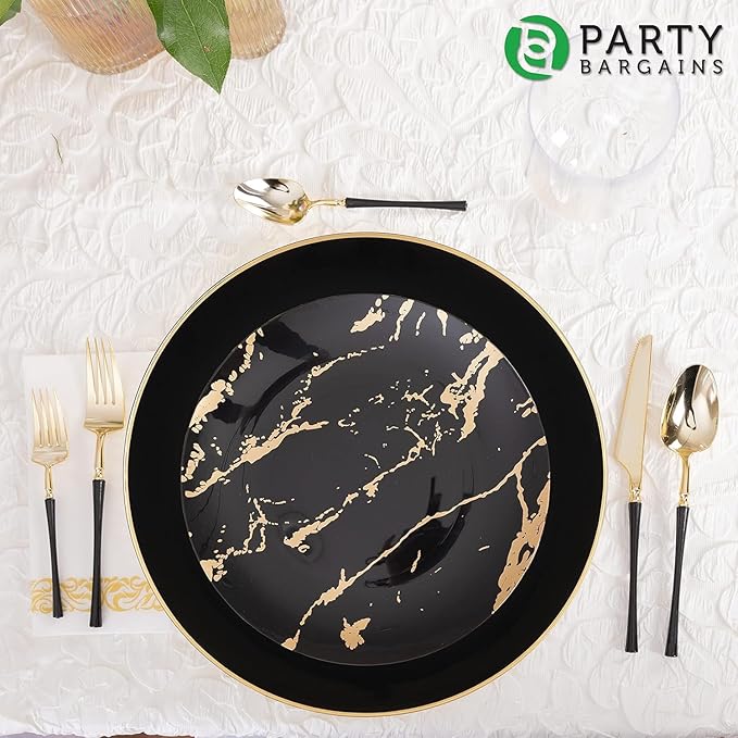 PARTY BARGAINS 13-Inch Charger Plates - 16 Pack, Organic Collection Black Gold Rim, Heavy-Duty Disposable Chargers for Elegant Dining - Ideal for Weddings and Formal Events