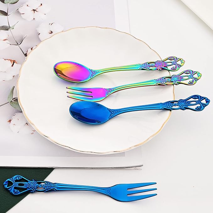 Elegant 32-Piece (4 Set) Retro Flatware Set, Stainless Steel Cutlery Set - Complete Eating Tableware Serving Set, Dishwasher Safe, Shiny Mirror Polish (Blue)