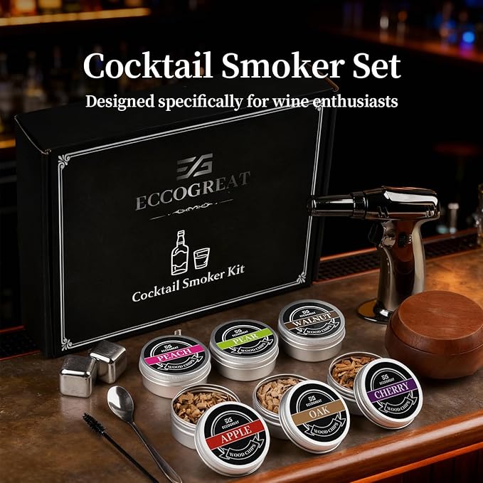 Whiskey Smoker Kit with Torch & 6 Flavors Wood Chips - Premium Bourbon Cocktail Smoker Set,Old Fashioned Drink Smoker Kit, Christmas Gifts for Men, Dad, Husband (Butane Not Included)