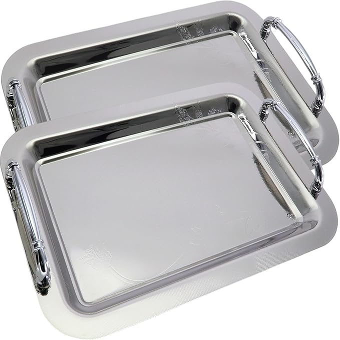 (Pack of 2) 14.2 inch x 10.2 inch Oblong Chrome Plated Mirror Silver Serving Tray with Handles Stylish Floral Engraved Decorative Party Birthday Wedding Buffet Platter Plate CC-1029