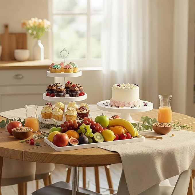7 Pcs Wood Dessert Table Display Set Wooden 3 Tie Cupcake Stands Rustic Round Cake Stand Wood Dessert Serving Trays for Christmas Party Baby Shower Wedding Birthday(White)