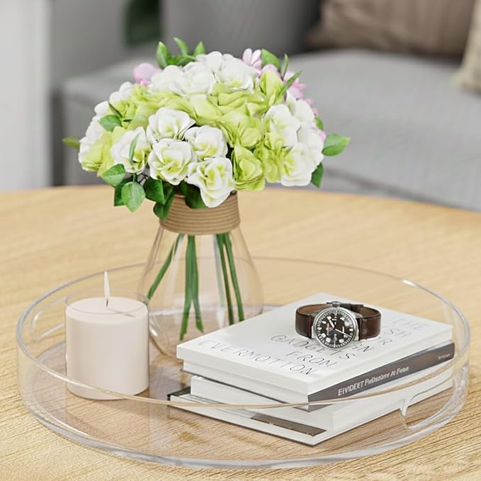 Amazing Abby - Sultana - 1-Pack Acrylic Vanity Tray (12" Dia.), Plastic Bathroom Countertop Organizer, Round Coffee Table Tray, Clear Dish for Home Decor, Great for Makeup, Perfume, Jewelry, and More