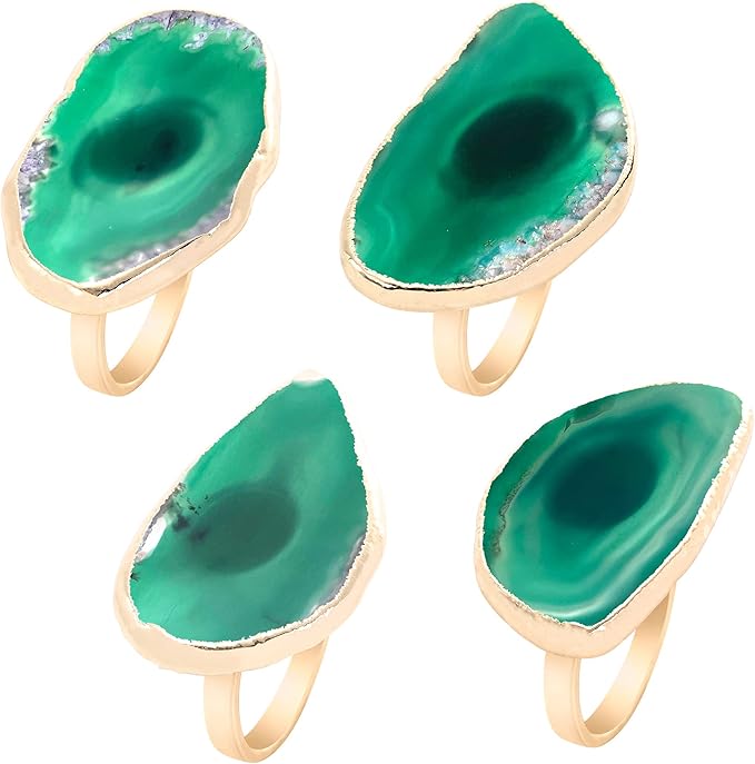 Gold Napkin Rings Set of 4, Agate Slice Napkin Rings, Dinner Table Decor Home Decor for Christmas Thanksgiving Farewell Birthday Wedding(Green)