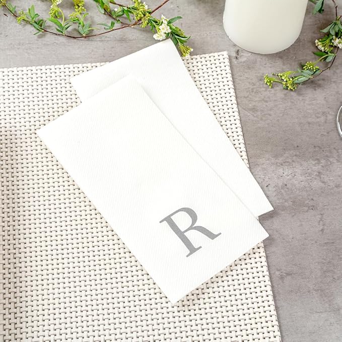 Luxenap 15.8 X 7.9 Inch Linen-Feel Guest Towels, 50 Lettered Hand Towels - Silver Letter 'R', Sans Serif Font, White Paper Dinner Napkins, airlaid, For Restrooms And Tables - Restaurantware