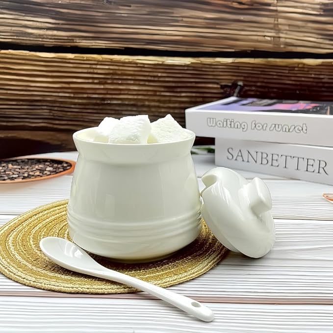 Ceramic Sugar Bowl with Lid and Spoon, 12 oz Porcelain Sugar Jar Sugar Dispenser，Sugar Salt Container for Home and Kitchen Countertop Canisters, White