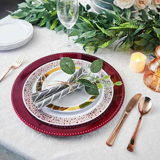 13" Charger Plates -Set of 12 - Acrylic Burgundy Round Beaded Disposable Chargers, Ideal for Dinner Party Wedding Bulk Events Tabletop Decoration