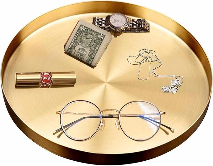 Beautiful Stainless Steel Round Tray - Gold Jewelry Dish & Makeup Organizer for Vanity, Bathroom, Dresser & Serving Tray for Drink, Breakfast, Tea, Dinner (L-12 inch)