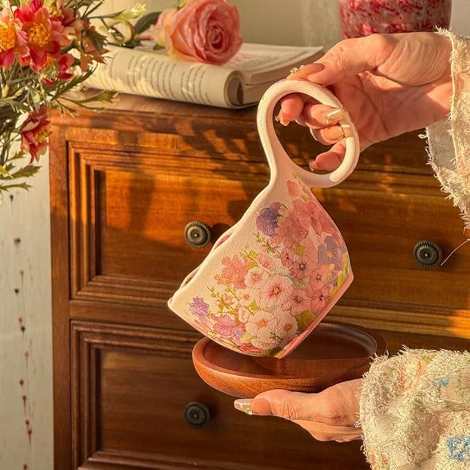 16.91oz/500ml Handpainted Soup Bowl with Handle,Ceramic Cereal Bowl Microwave & Dishwasher Safe,Loop Handle Bowl Great for Soup,Yogurt,Snack,Chip,Stew,Ice Cream,Coffee (Hollyhock-Pink)