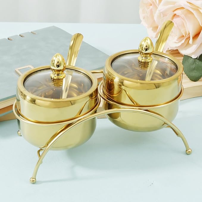 Stainless Steel Sugar Bowl Set with Clear Glass Lid Bracket Rustproof Seasoning Box Smooth Condiment Pots Compact Sugar Container Reusable Seasoning Jar Spice Container for Salt Candy QQIKUUF(golden)