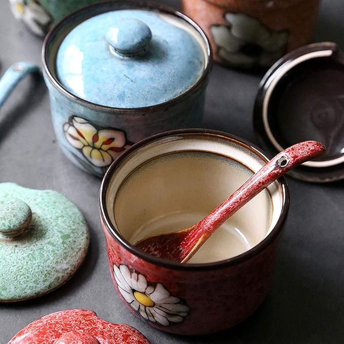 VanEnjoy Retro Hand Painted Flower Ceramic Round Sugar Spice Containers Porcelain Jar with Spoon Round Condiment (blue)