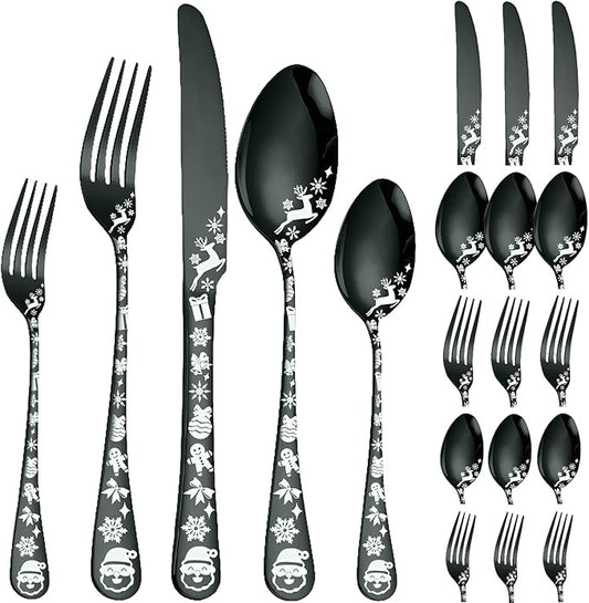 Vilihkc Christmas Style Silverware Set,20 Piece Stainless Steel Flatware Set, Kitchen Utensil Set Service for 4,Tableware Cutlery Set for Home and Restaurant,Dishwasher Safe