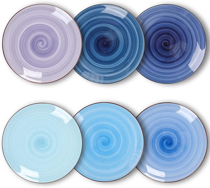 KitchenTour Large Ceramic Dinner Plates, 10 Inch Porcelain Serving Plate for Salad, Dessert Pizza Steak Pasta Plates Set, Dishwasher and Microwave Safe - Set of 6, Assorted Cool Colors