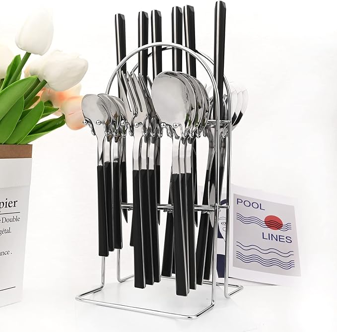 Silverware Set, 24 Piece Mirror Flatware Set With Stand, Stainless Steel Utensils With Black Handle, A Complete Cutlery Set For Most Families, Service For 6