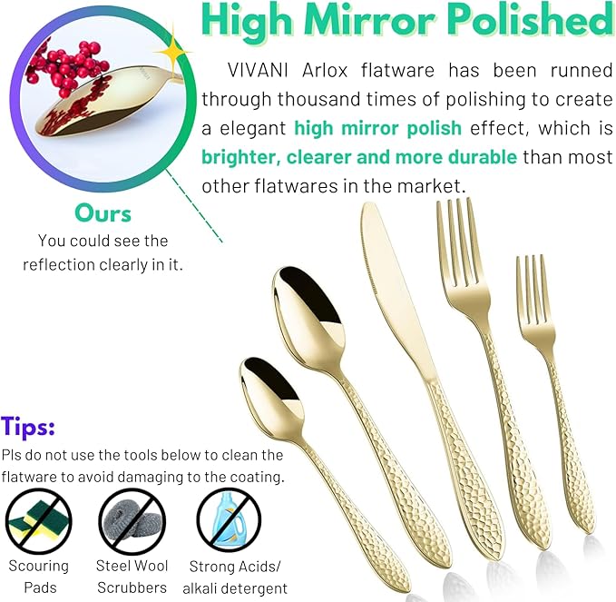 VIVANI 40-Piece Champagne Gold Silverware Set, Food-Grade Stainless Steel Gold Flatware Set for 8, Hammered Cutlery Set for Home, Restaurant, Wedding, Cafes, Dishwasher Safe