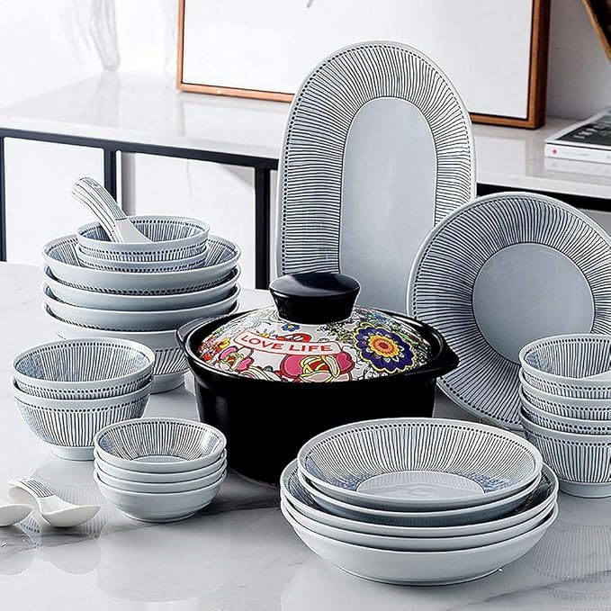 Plate and Bowl Set Fine Dinnerware Set,White Porcelain Dinnerware Set with Blue Line Stripes, Ceramic Plates and Bowls Sets