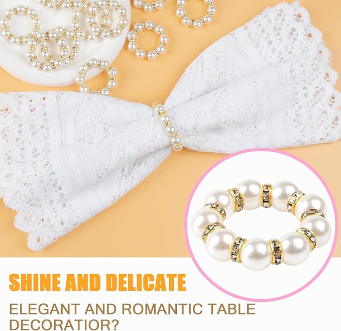20PCS Gold Napkin Rings Imitation Pearl Napkin Rings Napkin Holder Elegant Round Napkin Buckles Beaded for Wedding Party Dinner Holiday Christmas Thanksgiving Day Home Table Decoration(White and Gold)