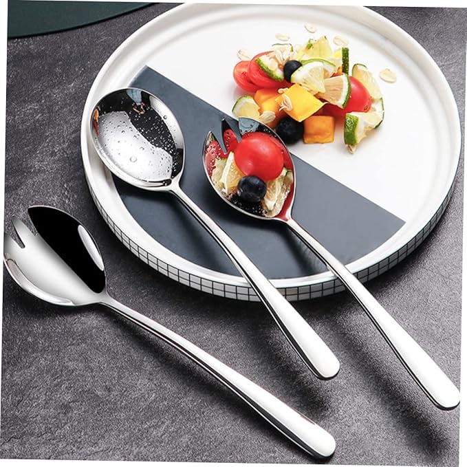BESTonZON 3 sets Utensils Dinner Serving Flatware Tool Spoons Steel Stainless Pasta Dessert Buffet Banquet Fork Gadgets Kitchen Party Servers Fruit and for Silver Spoon Salad Metal