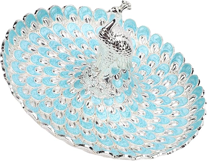 Peacock Shape Fruit Dish Tray, Decorative Storage Tray, Zinc Alloy Metal Snacks Plate Round Platter Serving Tray Cookie Storage Bowl for Home Party Cakes Cookies Candy (Silver Light Blue)