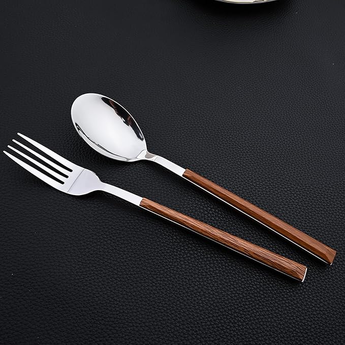 30pcs Wood Handle Flatware Set, Stainless Steel Cutlery Set Include Knife/Fork/Spoons, Mirror Polish, Service for 6 (Brown Silver)