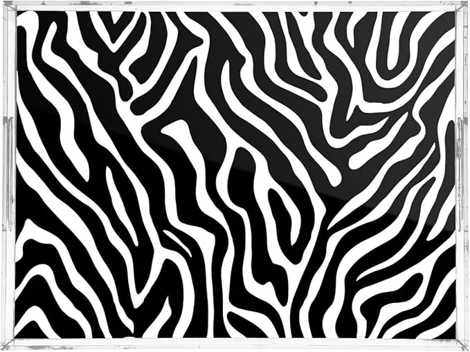 Serving Tray with Handles Clear Acrylic Tray 12x16 Inch Decorative Rectangular Tray Organizer for Ottoman Coffee Table Bathroom White Black Zebra Print