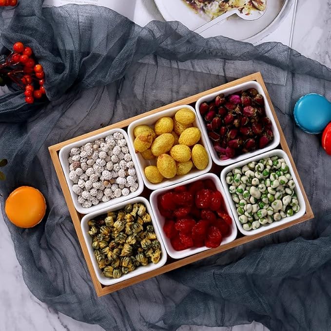 Ceramic Divided Serving Dishes, Serving Tray and Platter Ceramic Condiments Tray with Lids 2 Removable Appetizer Serving Bowls for Chips and Dip Condiment Fruit Veggies Nut Candy and Snacks