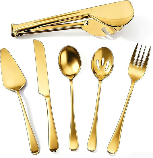 6 PCS Premium Stainless Steel Serving Utensils Set, Large Serving Spoons Slotted Spoons, Forks, Ice Tongs, Cake Server, Soup Ladle, Metal Flatware Set for Buffet Catering Banquet Home Party (Gold)