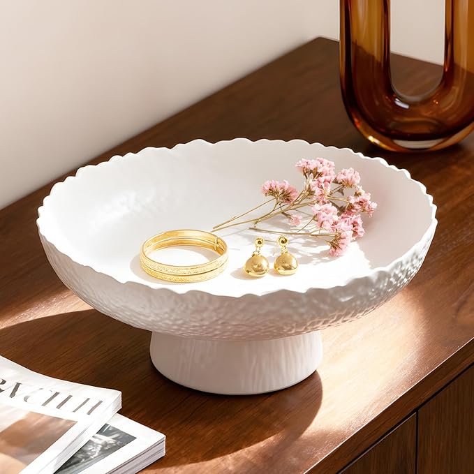 Large Glass Fruit Bowl for Kitchen Counter Decorative Centerpiece Bowl for Table Home Déco, White Hammered