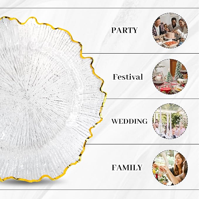 MAONAME 13" Clear Charger Plates, Round Reef Chargers for Dinner Plates, Plastic Plate Chargers for Table Setting, Wedding Decor, Set of 12
