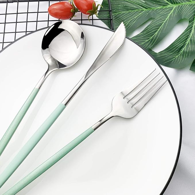 JASHII 24 Piece Titanium Mint Green Plated Stainless Steel Flatware Set, Utensils Set, Cutlery Set Service for 6 (Mint Green Handle, Shiny Silver)