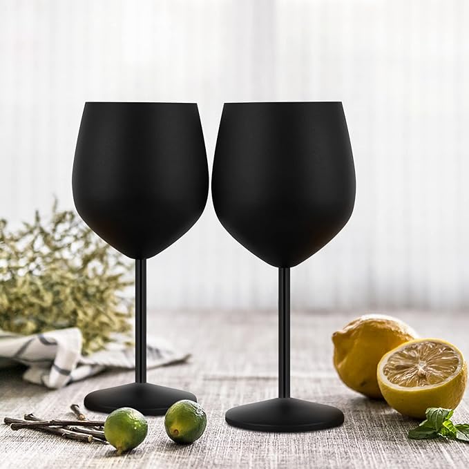 Lifecapido Stainless Steel Wine Glasses Set of 4, 18oz Stainless Steel Wine Goblets with Cup Brush, Stemmed Metal Wine Glasses for Party Office Wedding Anniversary, Great for Red White Wine (Black)