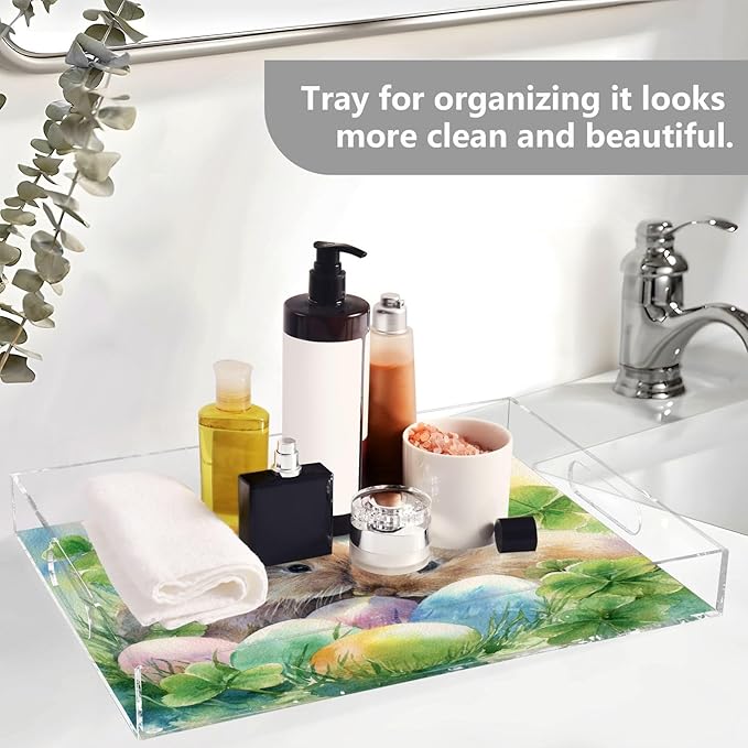 Serving Tray with Handles Clear Acrylic Tray 12x16 Inch Decorative Rectangular Tray Organizer for Ottoman Coffee Table Bathroom Watercolor Easter Bunny Clover