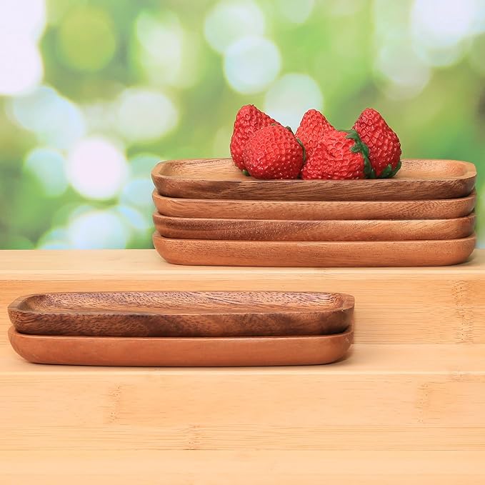 Mini Wooden Serving Platters and Trays, Solid Acacia Wood Oval Serving Tray for Food/Snacks/Appetizer, Wooden Trays for Jewelry, also as Mini Charcuterie Board and Cheese Platter (6 PCS)