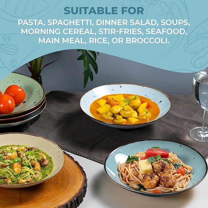 Esfour Ceramic 7.84inch Serving Bowls - Set of 6 | 20 Oz Large Pasta Salad Bowls, Microwave/Oven Safe, Wide Shallow Porcelain Bowls for Party, Dinner, Entertaining, Stackable - Natural Assorted Colors